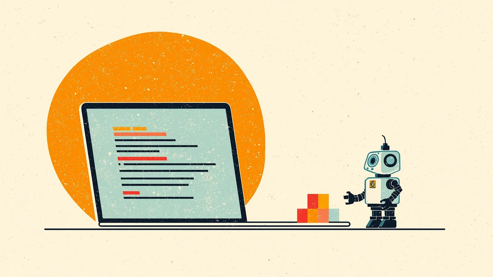 Illustration of a laptop showing lines of code beside a small toy robot and stacked blocks
