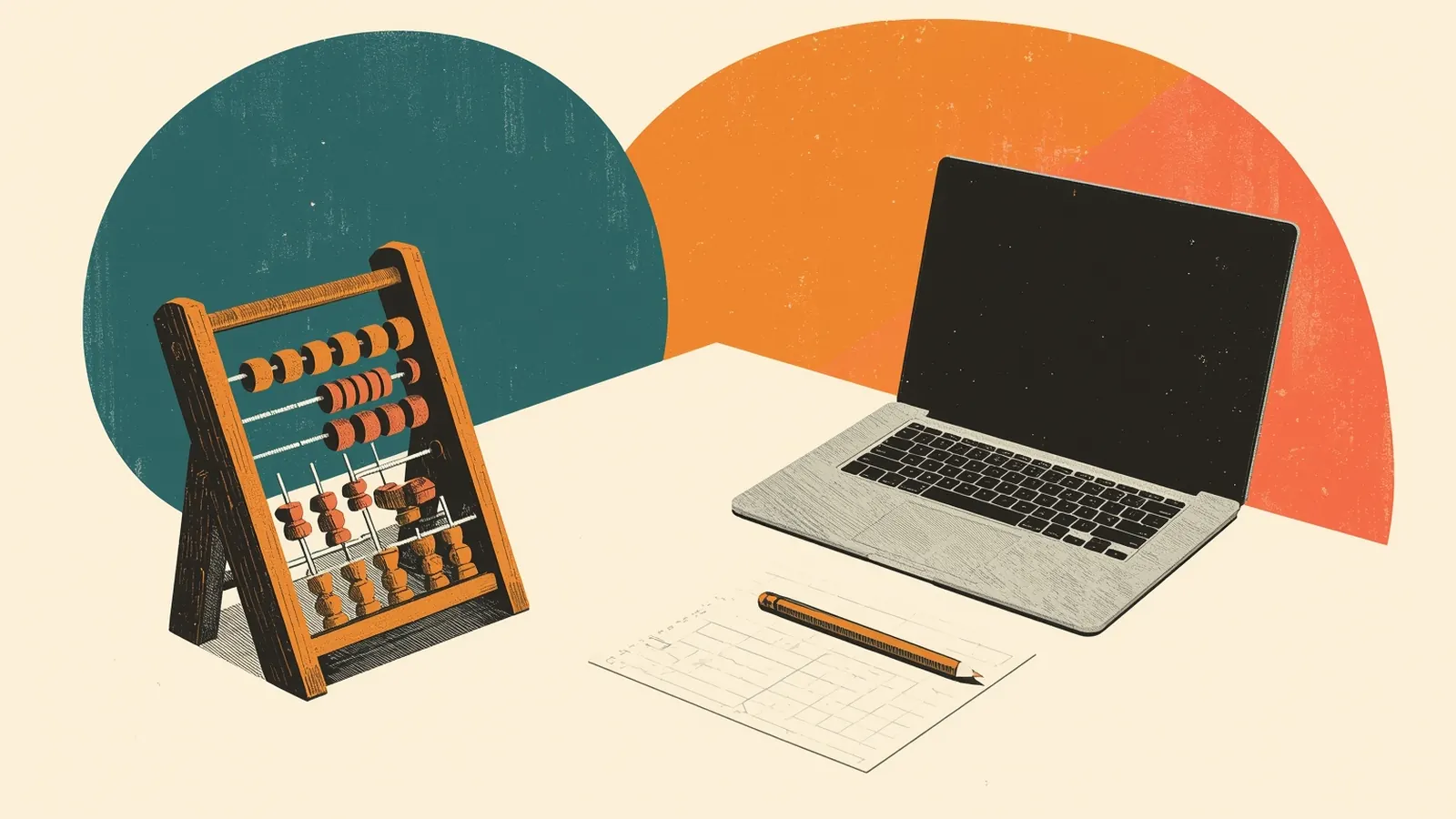Illustration of a wooden abacus beside an open laptop, with a pencil on graph paper