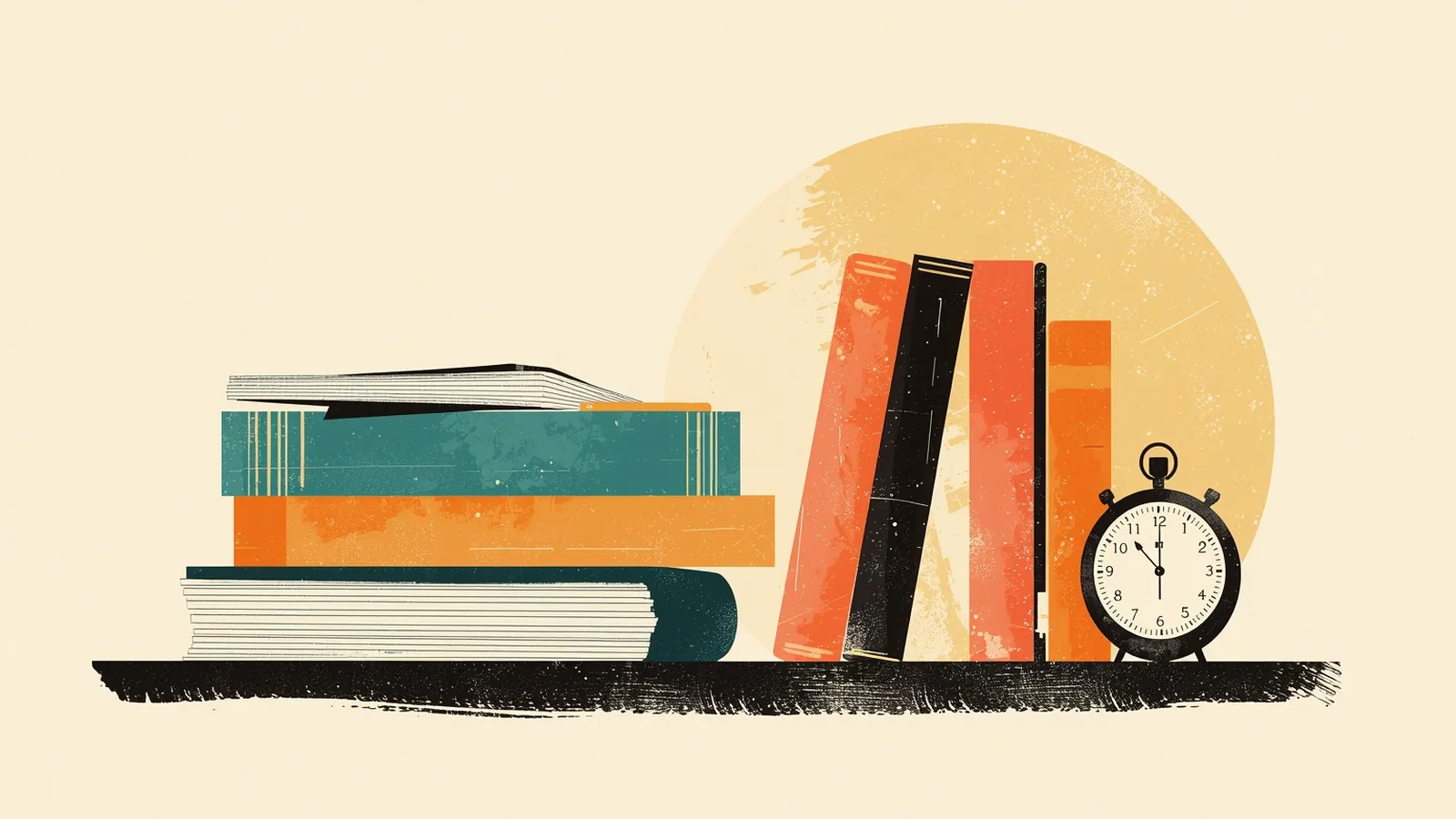 Illustration of a stack of books on a shelf beside a stopwatch